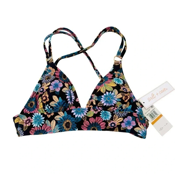 NWT Salt + Cove Juniors' in Full Bloom Strappy Bikini Top Floral Black Size S - Picture 5 of 12